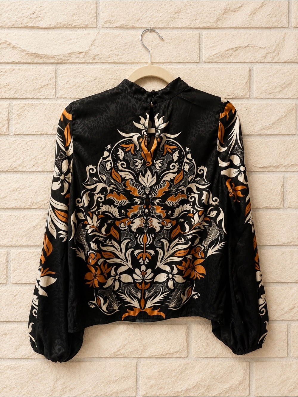 Joie M Baroque Floral Blouse Black Rust Puff Sleeve Boho Romantic Statement Top - Picture 3 of 5